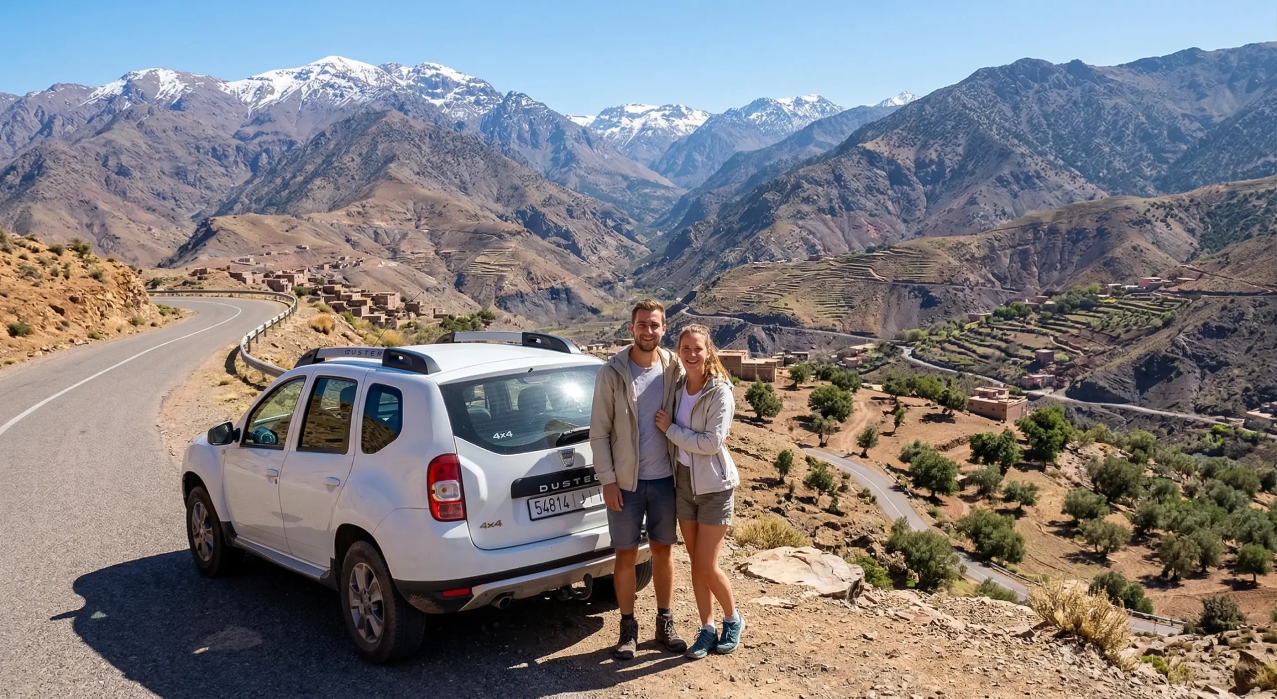 Car hire Agadir road trip, couple with 4x4 in Atlas mountains